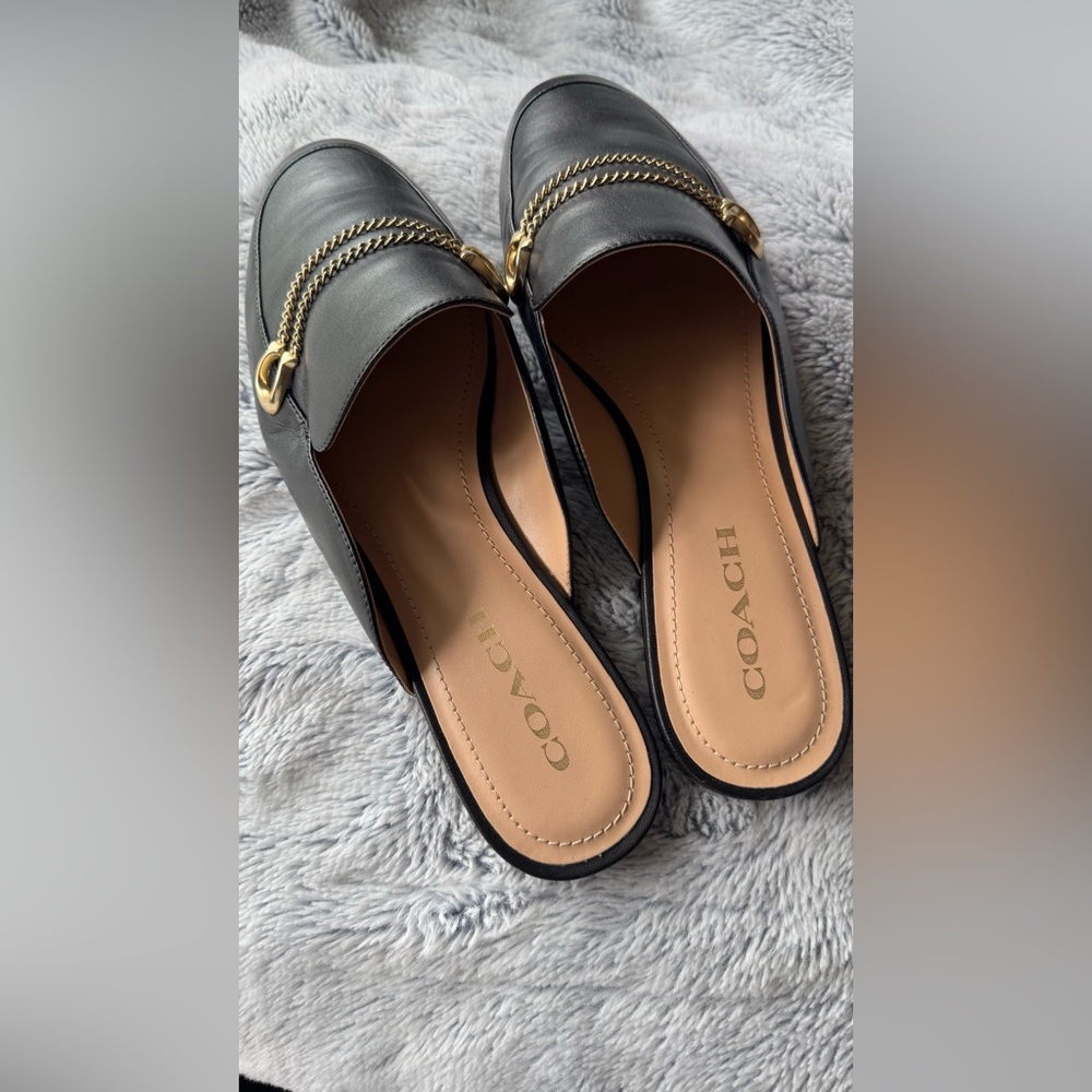 Coach Black Mules with Gold Chain Accent